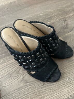 Antonio Melani Black Studded Open-Toe Mules